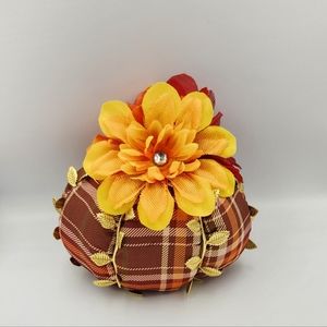 Plaid fabric pumpkin with gold leaf ribbon